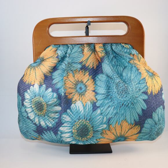 Vintage INS Floral Tapestry Wooden Handle Clutch Purse - Picture 2 of 6